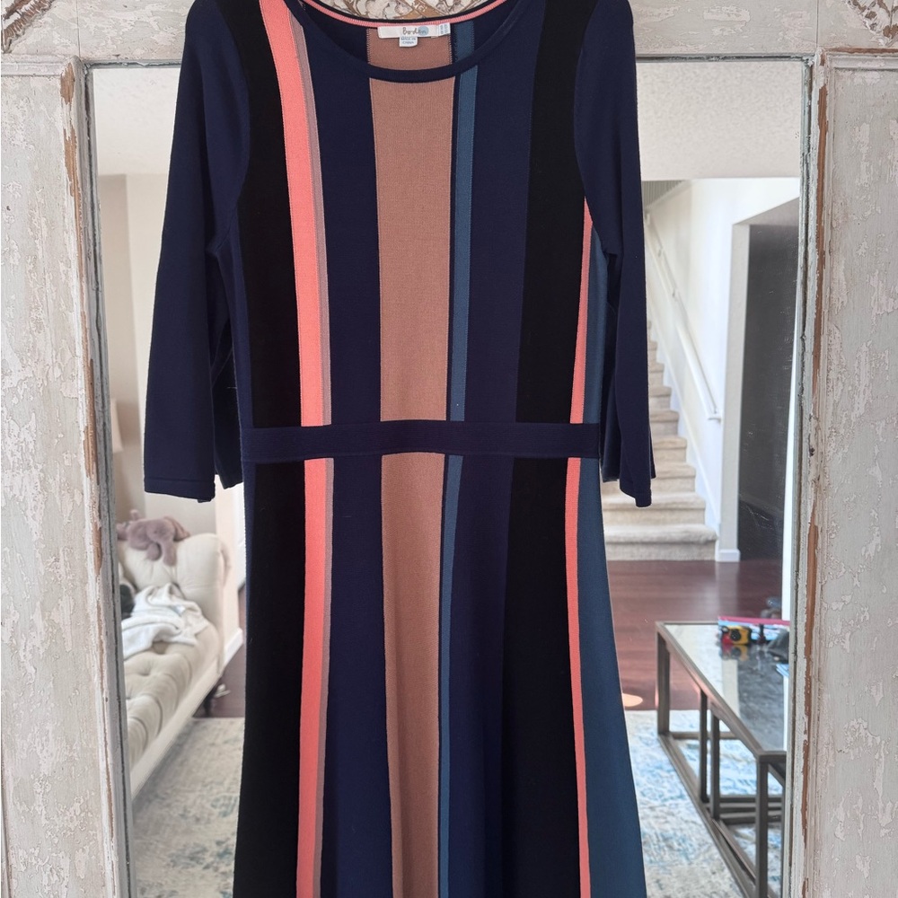 Boden Vintage Navy, Coral, Black Striped Long Sleeve Dress